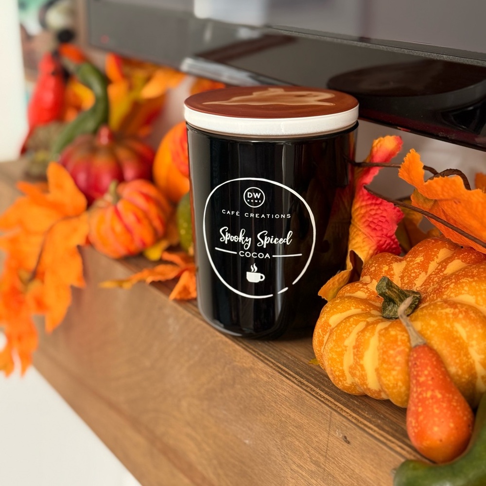 DW Home Black Candle with White coffee art Halloween ghost Lid